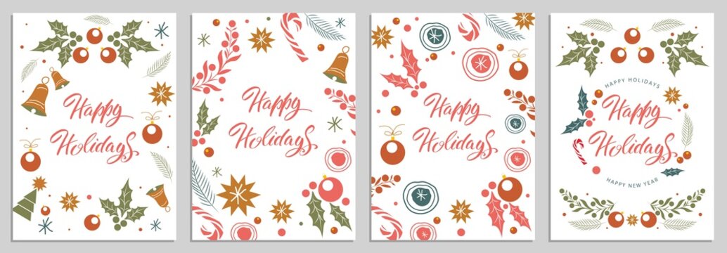 Set of greeting cards with Christmas and winter seasonal holidays. Holiday lettering. Vector illustration
