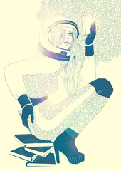 Woman in spacesuit sits on books and read © Sophia