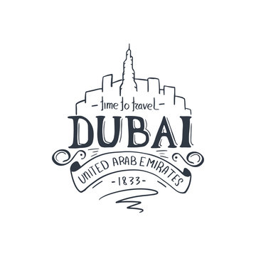 Travel to Dubai lettering. Calligraphy graphic design element.