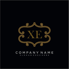 Initial letter XE logo luxury vector mark, gold color elegant classical 
