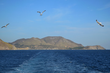 Fototapeta na wymiar Seascape from turkish aegean island Gokceada made from the ship