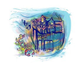 Mermaid underwater castle house drawing