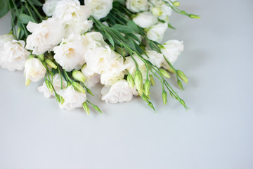 Beautiful bouquet of white flowers on a grey background. Free space for text. A romantic date, a gift. Bouquet for the tender bride girl, witnesses. Declaration of love. White fresh branch close up