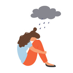 Depressed young european woman is crying. Sad, unhappy, stressed girl sits and hugs her knees. Stock vector illustration isolated in white background.People who need help, mental illness concept..