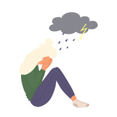 Depressed young european woman is crying. Sad, unhappy, stressed girl sits and hugs her knees. Stock vector illustration isolated in white background.People who need help, mental illness concept..