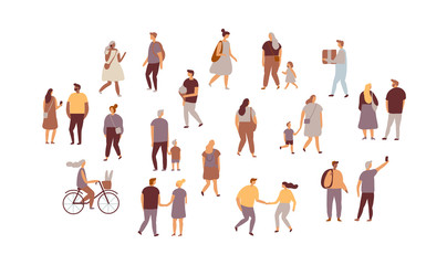 Walking tiny people  flat vector set isolated on white. Men and women, teens, parents. Crowd.