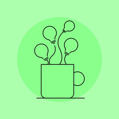 Coffee or tea cup with light bulbs. Concept of idea and creativity. Outline thin line flat illustration. Isolated. 