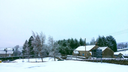 beautiful winter scene of snow covered trees, house and dales,at Arkengarthdale, North Yorkshire