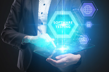 Business, Technology, Internet and network concept. Young businessman working on a virtual screen of the future and sees the inscription: Software testing