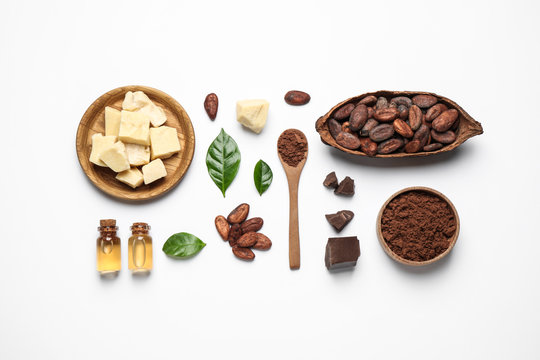 Composition with organic cocoa butter on white background, top view
