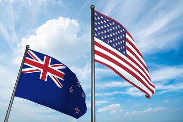 3D illustration of USA and New-Zealand flag