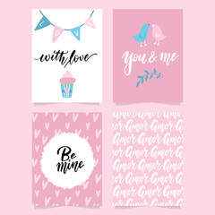 Collection of pink, black, white colored Valentine's day card and flyer templates with hand lettering and illustrations. Typography poster, card, label, banner design set. Vector illustration