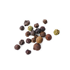 Heap of mixed peppercorns isolated on white, top view
