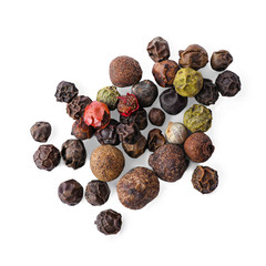 Heap of mixed peppercorns isolated on white, top view