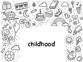 Doodle set of objects from a child’s life, sketch outline elements for you design. Vector illustration. Sweets, toys, bicycle, rollers, rainbow, sun and other symbols