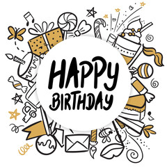 Vector illustration of Happy Birthday badge set. Design elements with lettering text for greeting cards, banner, print. Cake, candle, gift, balloon and other elements isolated on white background