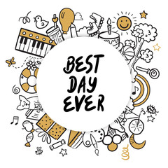 Doodle set of objects from a child’s life, sketch outline elements for you design. Vector illustration. Sweets, toys, bicycle, rollers, rainbow, sun and other symbols