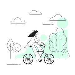 Trendy line style girl rides a bike. Adorable young woman on a bicycle with trees elements. Cute female cyclist. Bike trip vector illustration.