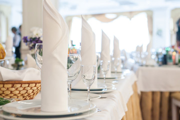 Served for banquet restaurant table with dishes, snack, wine glasses