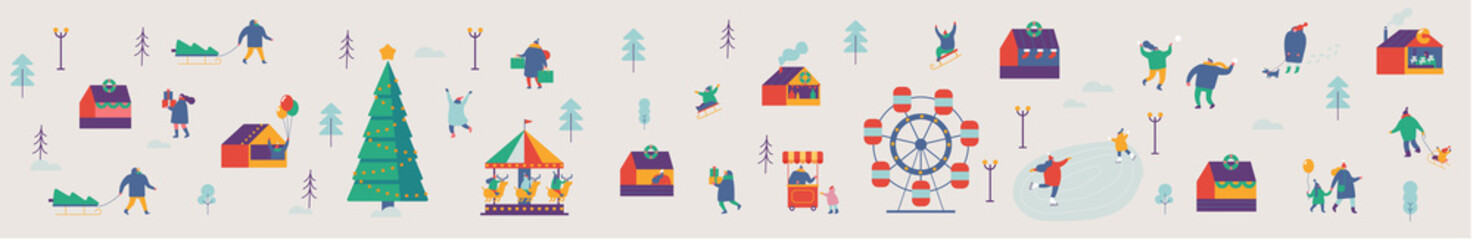 Winter city with people horizontal banner. Christmas fair. Winter outdoor activities - skating, skiing, throwing snowballs, building snowman. Crowd of people in warm clothes flat vector illustration.