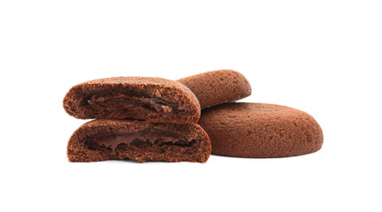 Tasty homemade chocolate cookies on white background