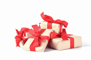 New Year's or Valentine's Day gifts boxes tied with red ribbon isolated on a white background
