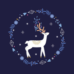 Deer vector print with floral elements, stars and snowflakes.
