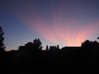 Beautiful sunrise on the road to Santiago de Compostela, Camino de Santiago, Way of St. James, Journey from Carrion de los Condes to Terradillos de los Templarios, French way, Spain