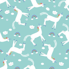 Unicorns and rainbows seamless pattern, nursery background.