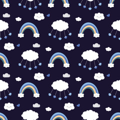 Rainbows  and clouds seamless pattern, nursery background.