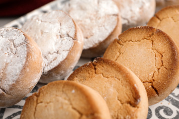 Plate with sweet delicious homemade cookies, closeup