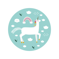 Unicorn, cute animal with clouds, vector print, nursery theme