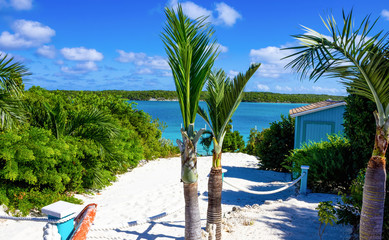 The view of beach on Half Moon Cay island at Bahamas.