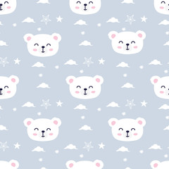 Polar bear face, cute animal, seamless pattern background. Nursery theme