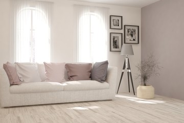 Stylish room in white color with sofa. Scandinavian interior design. 3D illustration