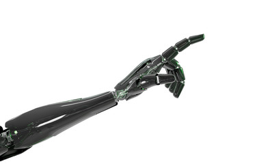 Black and green intelligent robot cyborg arm pointing finger on white 3D rendering