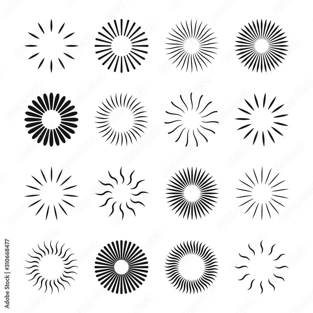 Poster starburst and sunburst radial effect set with different style for decorative design isolated on whit