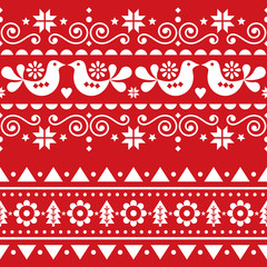 Scandinavian Christmas folk seamless vector long pattern, repetitive winter cute Nordic design with birds, Christmas trees, snowflakes and flowers