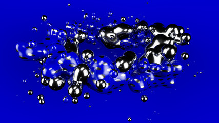 Silver metall ball, Blue ball abstract. Blue matte background. Metaball. Studio light. 3d illustration, render.