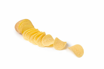 Creative photography. Sliced potatoes and chips on a white isolated background. The idea is how potatoes turn into chips.