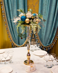 Christmas decorations on the Christmas tree. Christmas flower composition. 