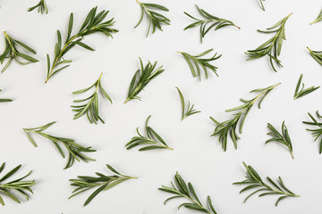 Flat lay composition with fresh rosemary on light background