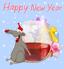 Gardinen Vektor-Illustration von niedlichen Cartoon-Charakter-Ratte und Weihnachtsgeschenke. Weihnachtskarte. Grußkarte © liusa