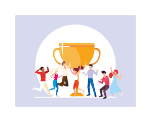 group of people with gold trophy