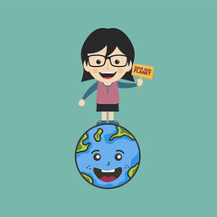 female holding sign save earth global warming campaign