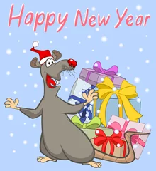 Gardinen Vektor-Illustration von niedlichen Cartoon-Charakter-Ratte und Weihnachtsgeschenke. Weihnachtskarte. Grußkarte © liusa