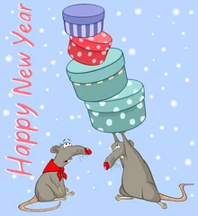 Fotobehang Vector Illustration of Cute Cartoon Character Rat  and Christmas gifts.  Christmas card. Greeting Card © liusa