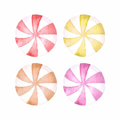 Set of watercolor striped peppermint candies without wrapped. Round swirl candy, sweet dessert food. Hand drawn elements for cute and love design isolated on white background
