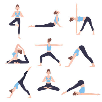 Young woman performing physical exercises. Bundle of female cartoon character demonstrating yoga positions isolated on white background. Colorful flat vector illustration