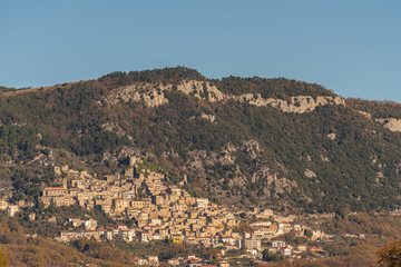 Panorama of Pesche, common in the province of Isernia, in Molise, perched along the steep slopes of...